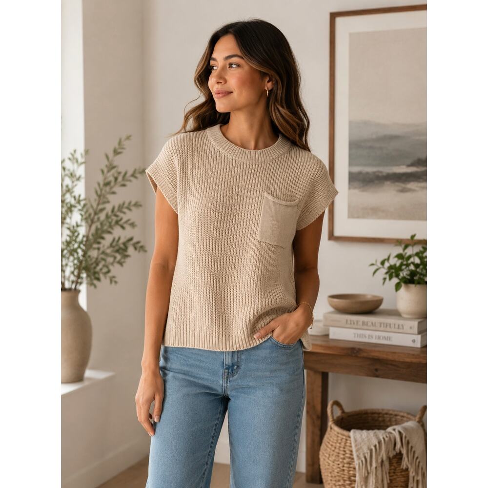 LILLUSORY Beige Cotton Sweater Vest S Boxy Rib Knit Pocket Cap Sleeve LS074
